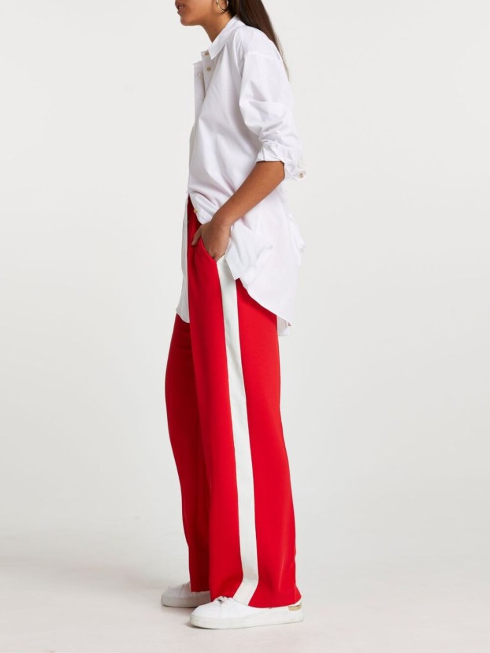 JUDITH & CHARLES Red Triacetate Crepe Side Stripe Wide Leg Trouser Pants, Size 8